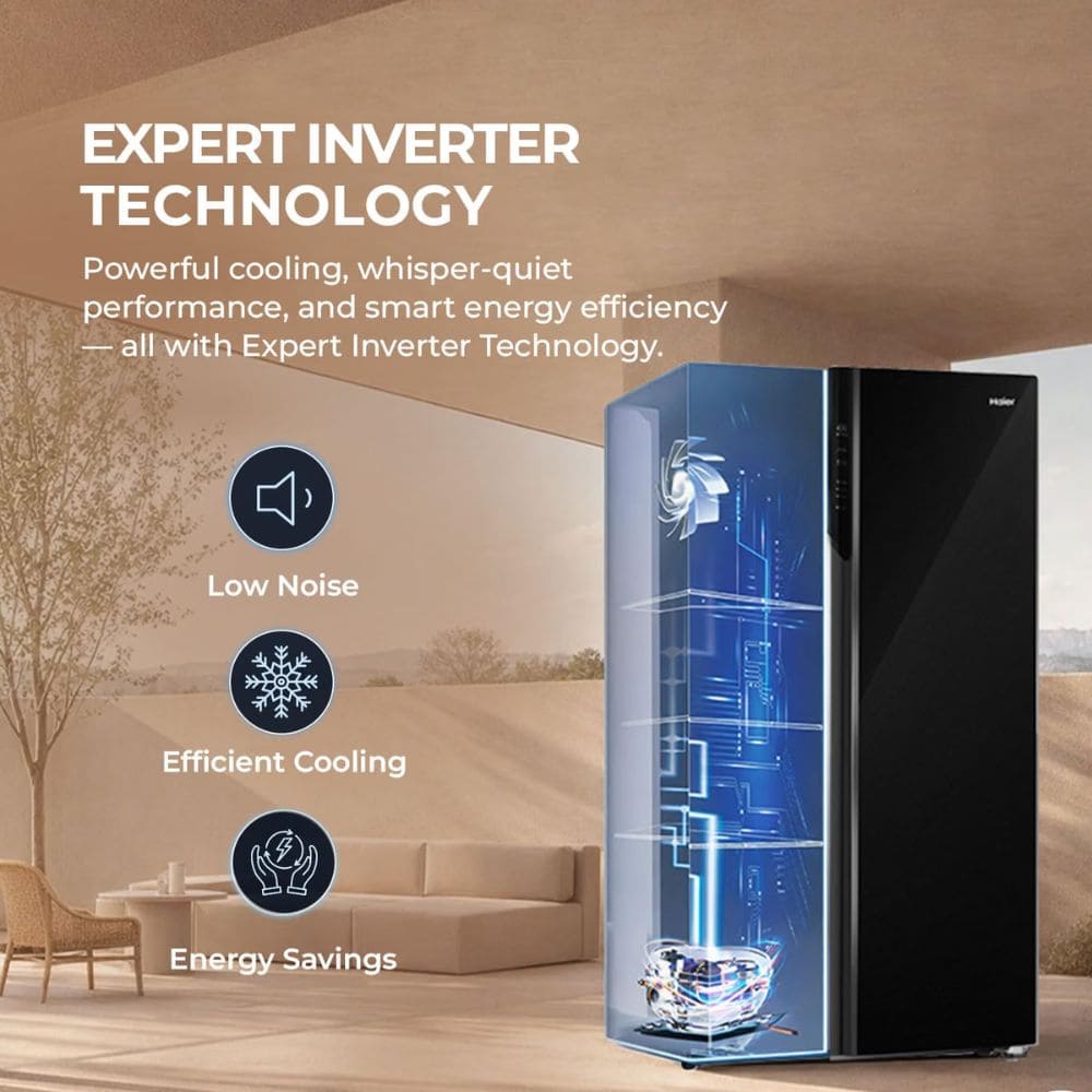 Haier 602 Ltrs, 3 Star Expert Inverter Frost Free 2 Door Side by Side Refrigerator (HRS 682KGU1, Black Glass)