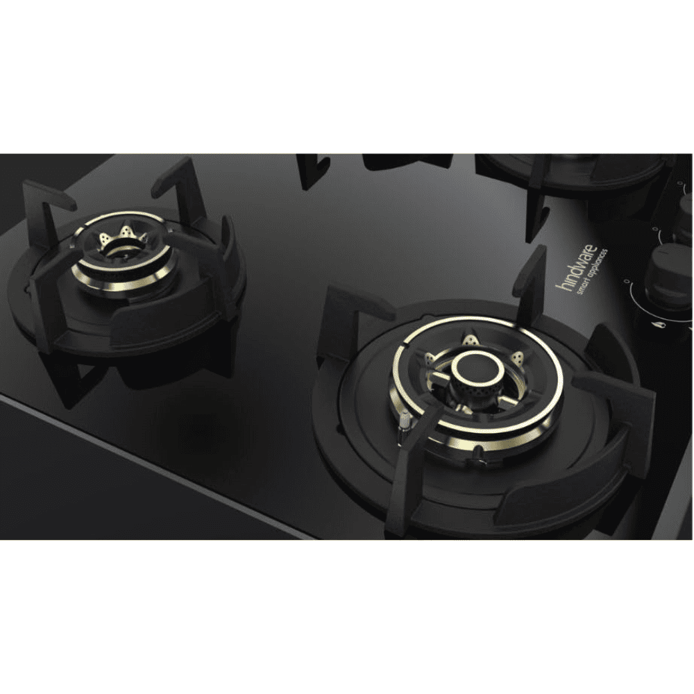 Hindware Hob , HAZEL 4B 60 4 Burner 60 cm Auto Ignition Glass Top Full Brass Burners 2 Medium + 1 small +1 High withFlame Guard Round Pan (Black)