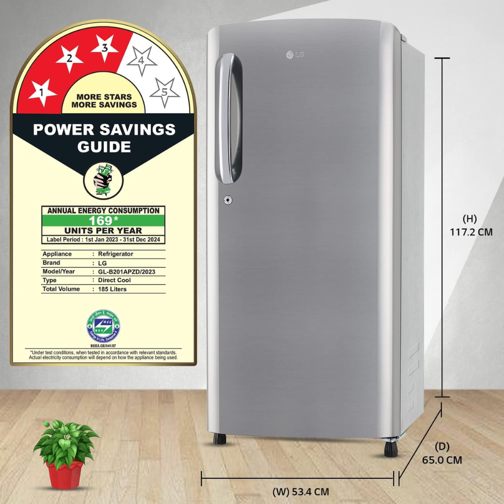 LG 185 Ltrs 3 Star Inverter Direct Cool Single Door Refrigerator (GL-B201APZD, Shiny Steel)