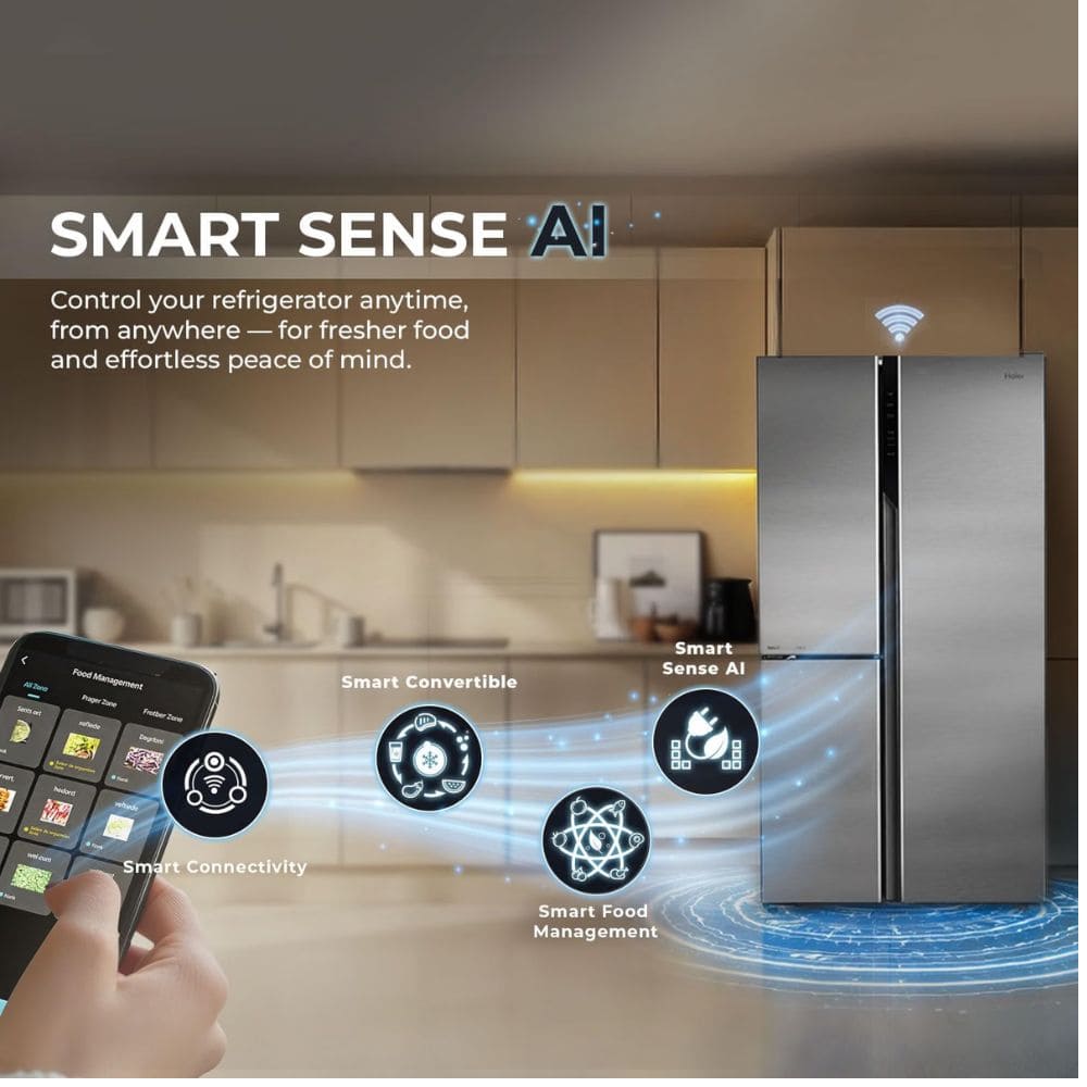 Haier 598 Ltrs, 3 Star Frost Free Expert Inverter Smart Sense AI enabled 3 Door Side by Side Refrigerator (HRT 683ISU1)