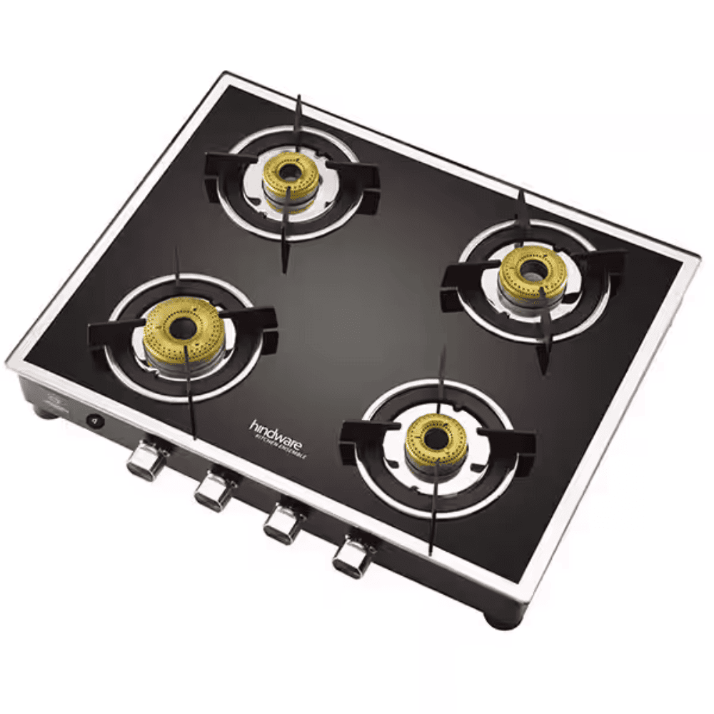 Hindware Cooktop, VEGO 4B BLK, 4 Burner Glass Top Forged Brass Burner 1 Big + 1 Medium + 2 small Gas Stove (Black)