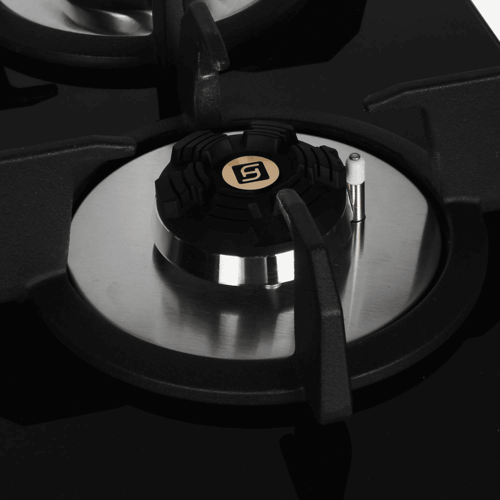 Faber Hob MAXUS HT603 CRS BR CI AI, 3 Burner 60 cm Auto Electric Ignition Glass Top Full Brass Burners 1 Medium + 1 small +1 High (Black)