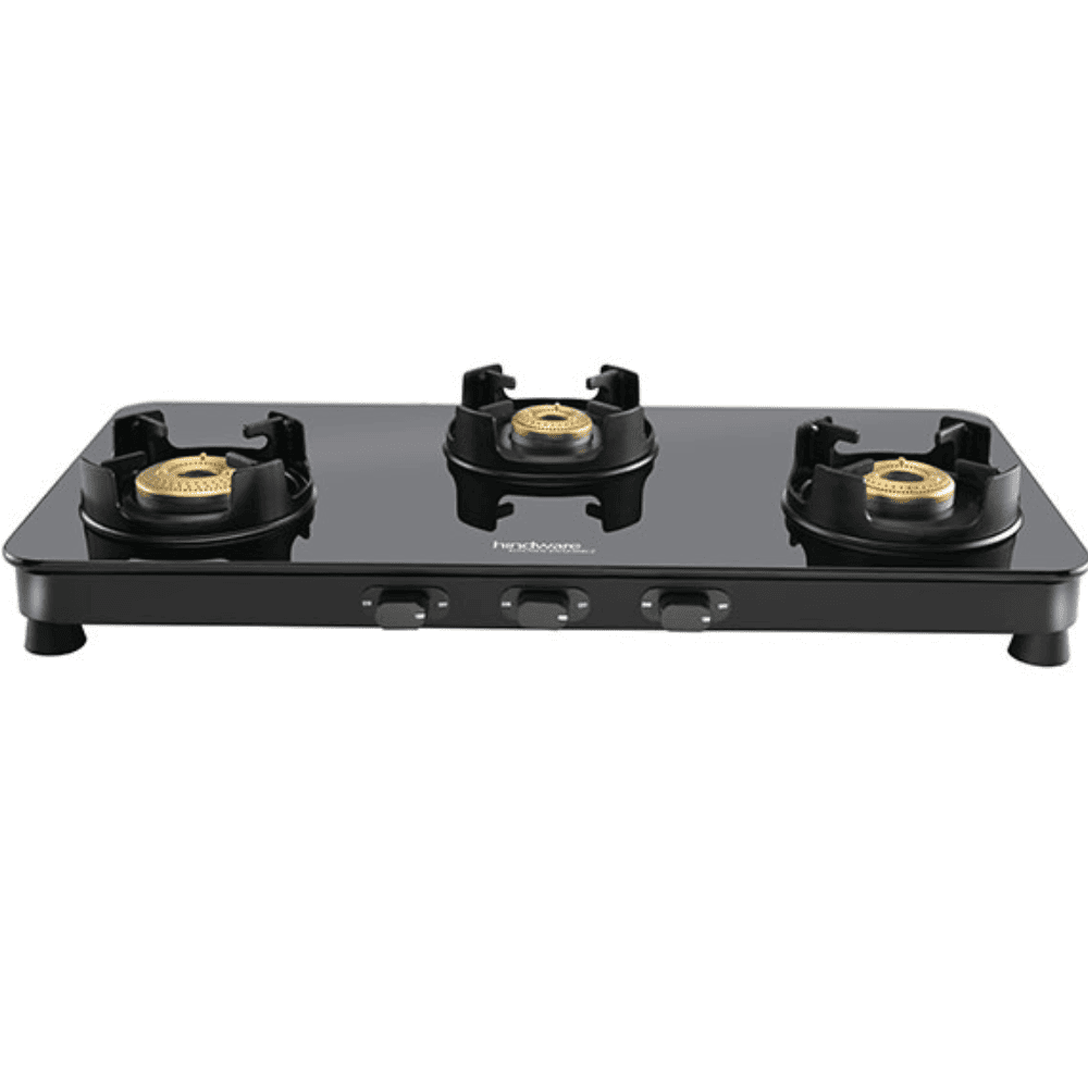 Hindware Cooktop, ALVERIO 3B AI, 3 Burner Auto Ignition Glass Top Forged Brass Burner 1 Big + 1 Medium + 1 small Gas Stove (Black)
