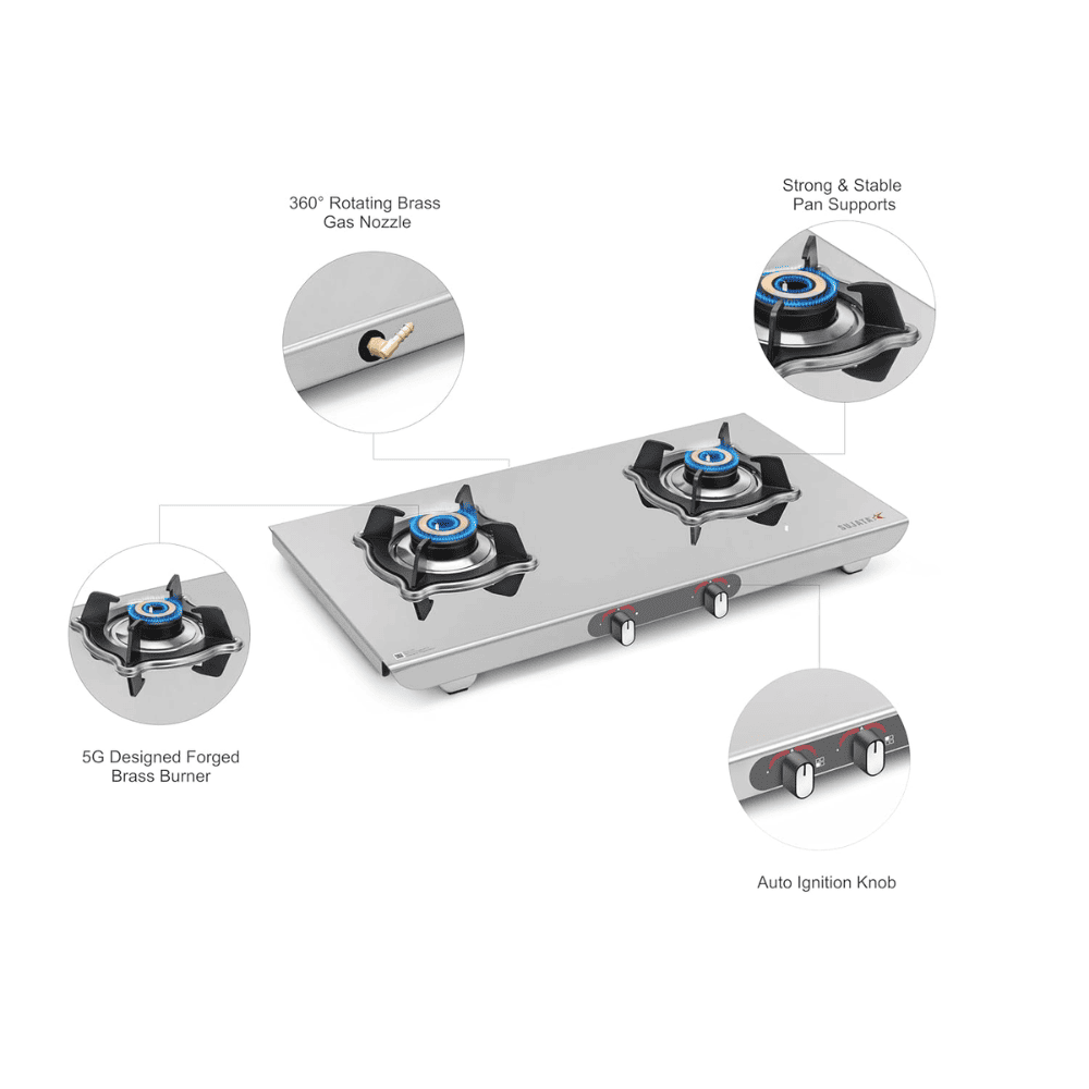 Sujata Cooktop Sterno AI, 2 Burner Auto Ignition Stainless Steel Glossy SS Body Gas Stove (Silver)