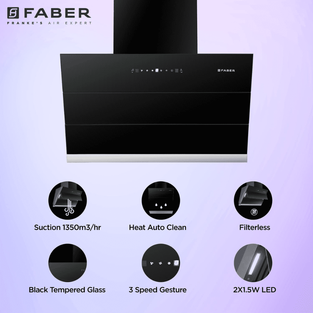 Faber Hood Zenith FL SC BK, 60 cm 1350 m3/hr Auto-Clean Angular Kitchen Chimney (Black)