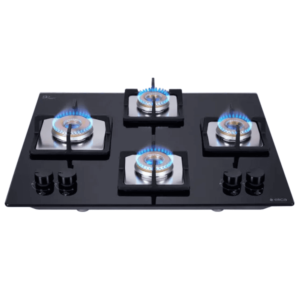 Elica Hob, FLEXI AB HCT460, 4 burner 60 cm Auto Ignition Glass Top Full Brass Burners 2 Medium + 1 Small + 1 High Gas Stove (Black)