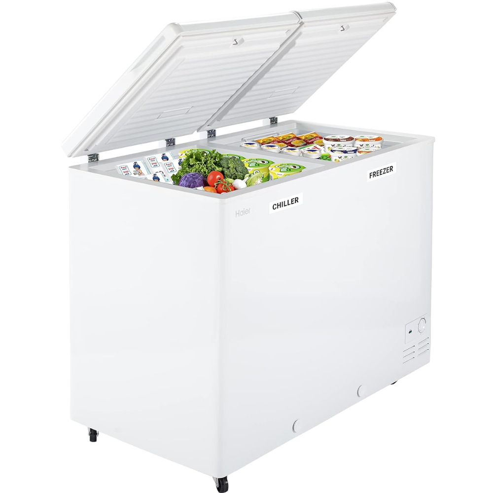 Haier HFC-385CM5, 385 Ltrs,  hard top Double Door Convertible Deep Freezer, White