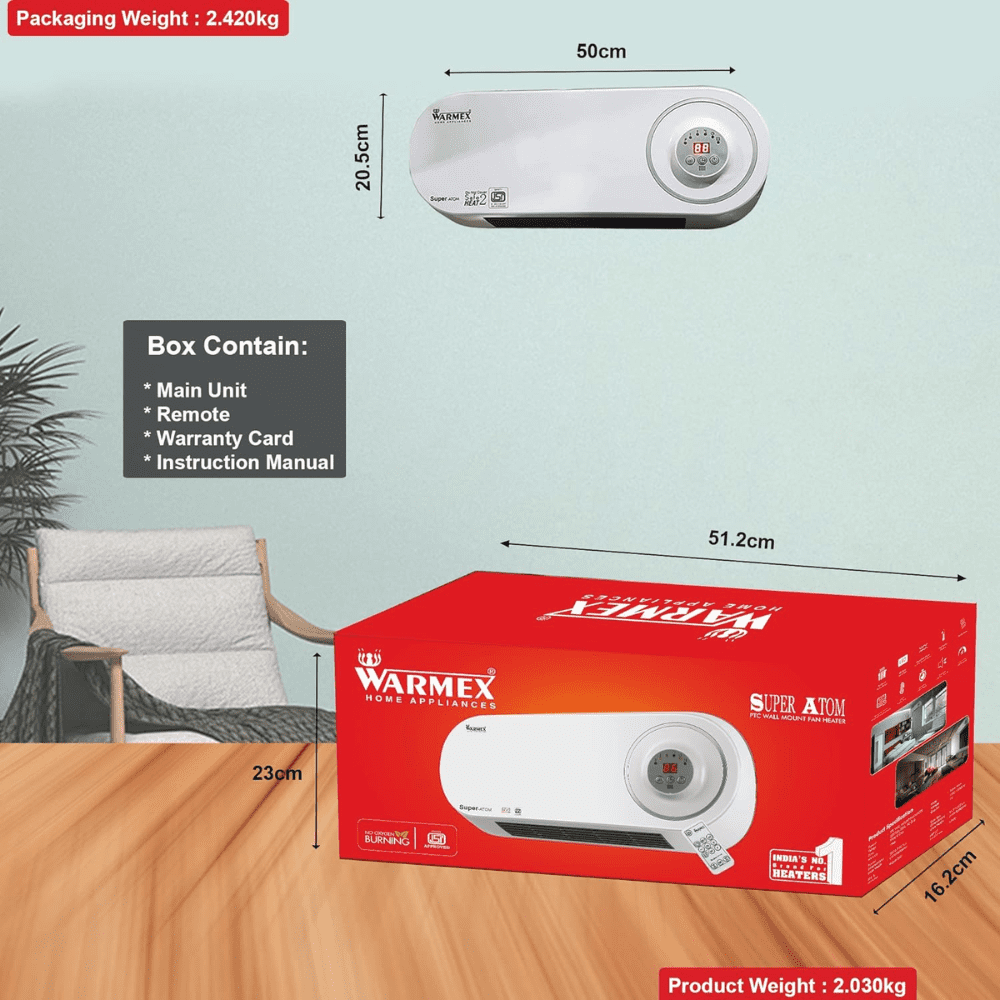 Warmex 1000&2000 Watts Wall Mount PTC Room Heater (Super Atom, White)