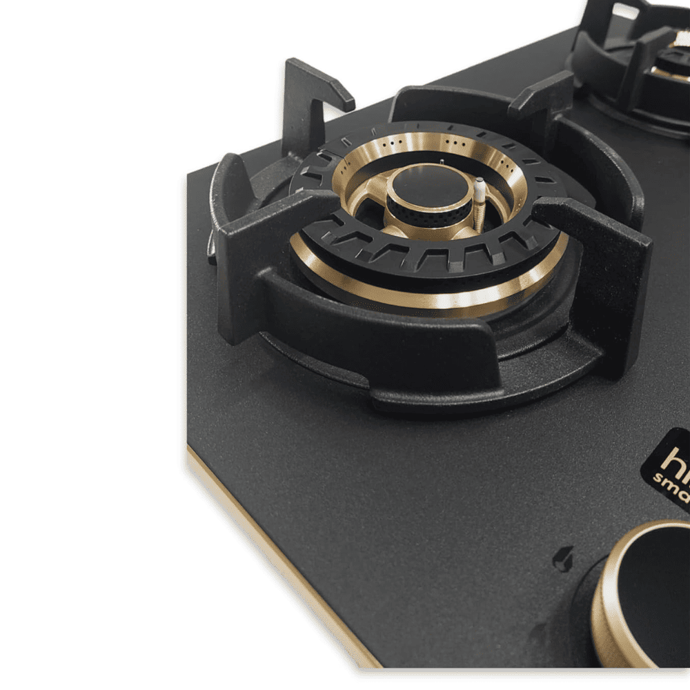 Hindware Hob, IVANA 3B 60, 3 burner 60 cm Frost Glass Metallic Finish Brass Burners 1 Medium + 1 Small + 1 High (Black)