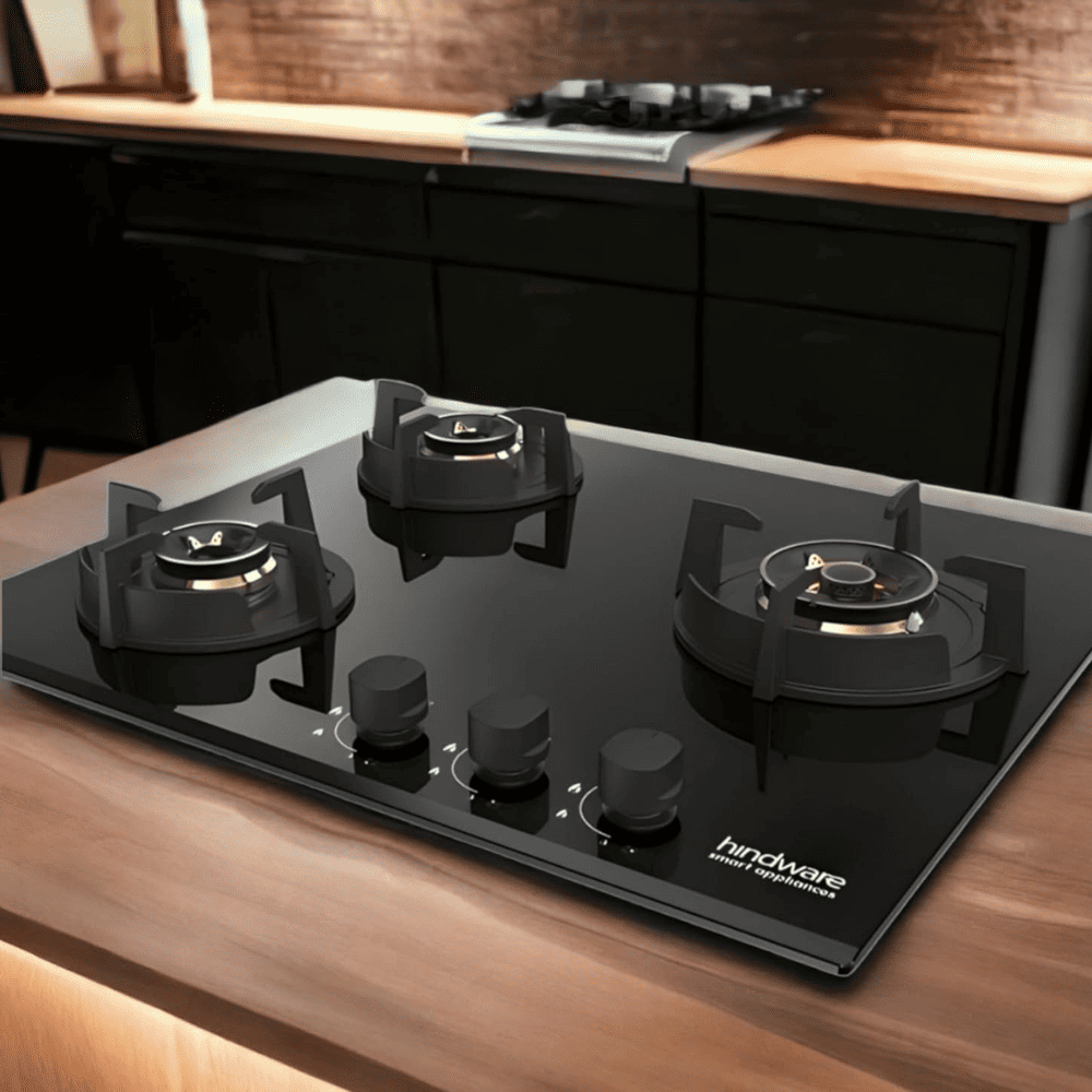 Hindware Hob, HAZEL 3B 60CM,  3 Burner 60 cm Auto Ignition Glass Top Brass Burner 2 Medium +1 High Flame Gas Stove (Black)