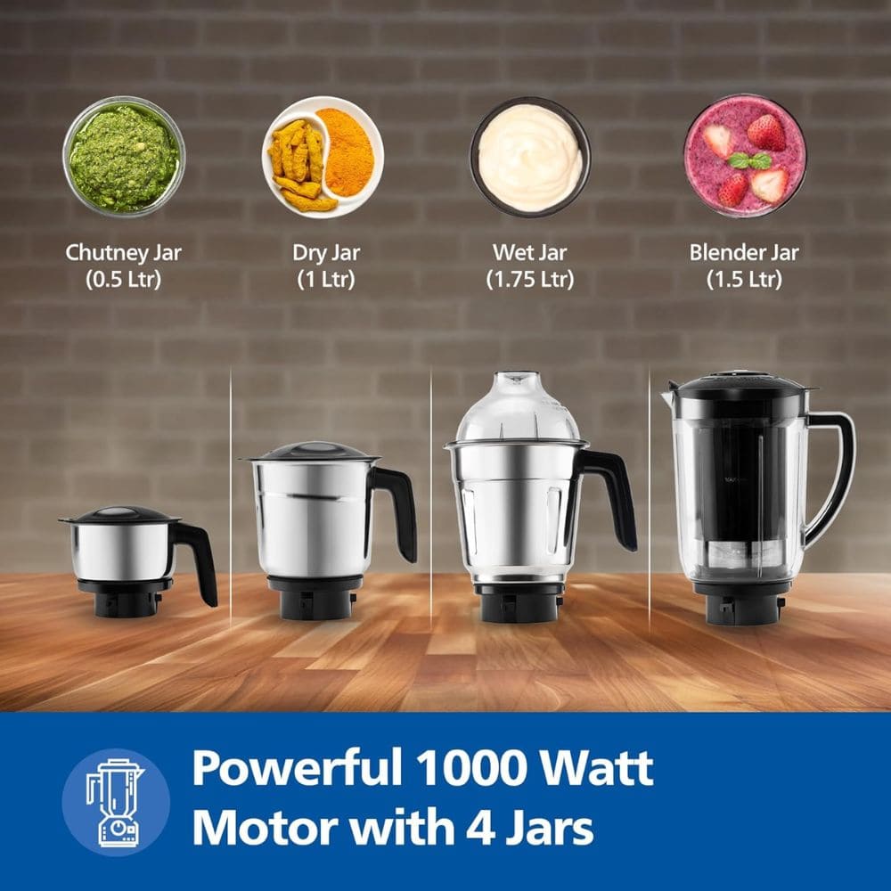 Philips 500 Watts Mixer Grinder with Jars (Hl7773/00, Blue & White)