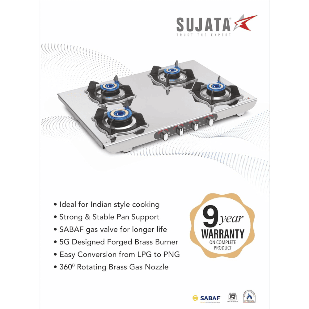 Sujata Cooktop Sterno, 4 Burner Manual Stainless Steel Glossy SS Body Gas Stove (Silver)