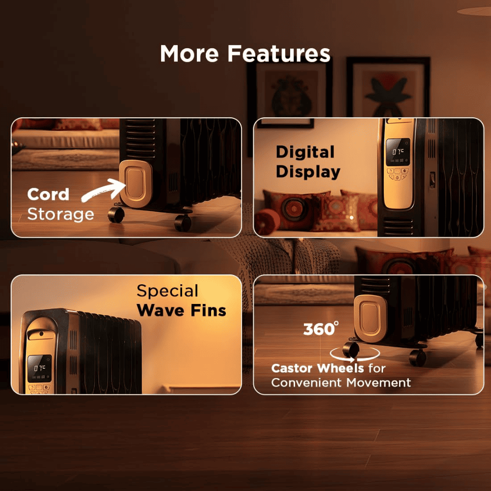 Glen 9 Straight Fins 2400 Watts Electric Oil Filled Digital Room Heater with PTC Fan (Black)