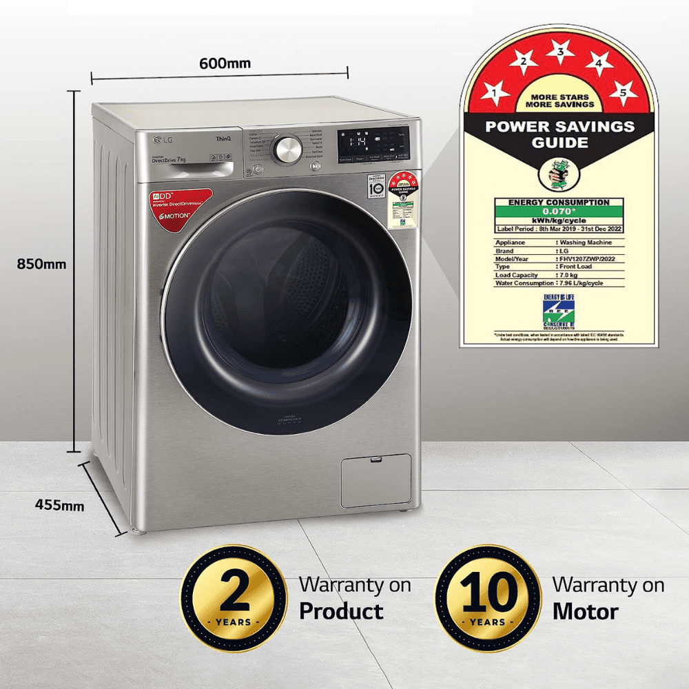 LG 7 Kg 5 Star Inverter Wi-Fi Fully-Automatic Front Load Washing Machine (FHV1207Z4M, Platinum Silver)