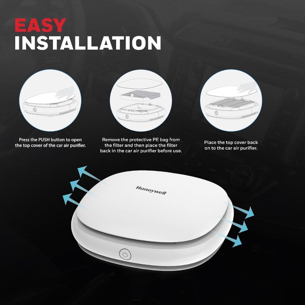 Honeywell Move Pure 3, 2 stage filtration process with HEPA Filter Car Air Purifier (57sqft, White)