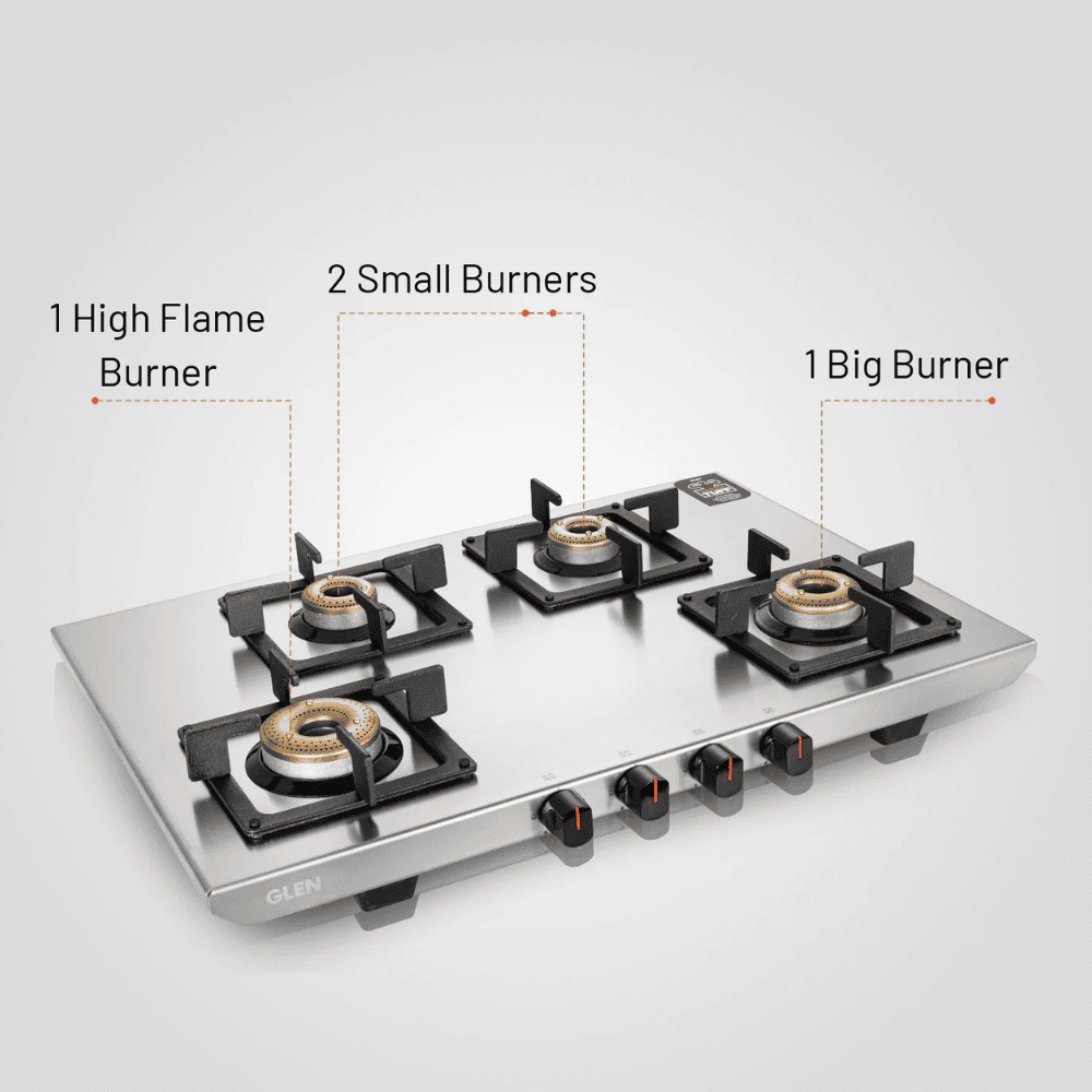 Glen Cooktop,1054 UT SS, 4 Burner cm Auto Ignition Glass Top Brass Burner 1 Big + 1 Medium + 2 small Gas Stove (Black)