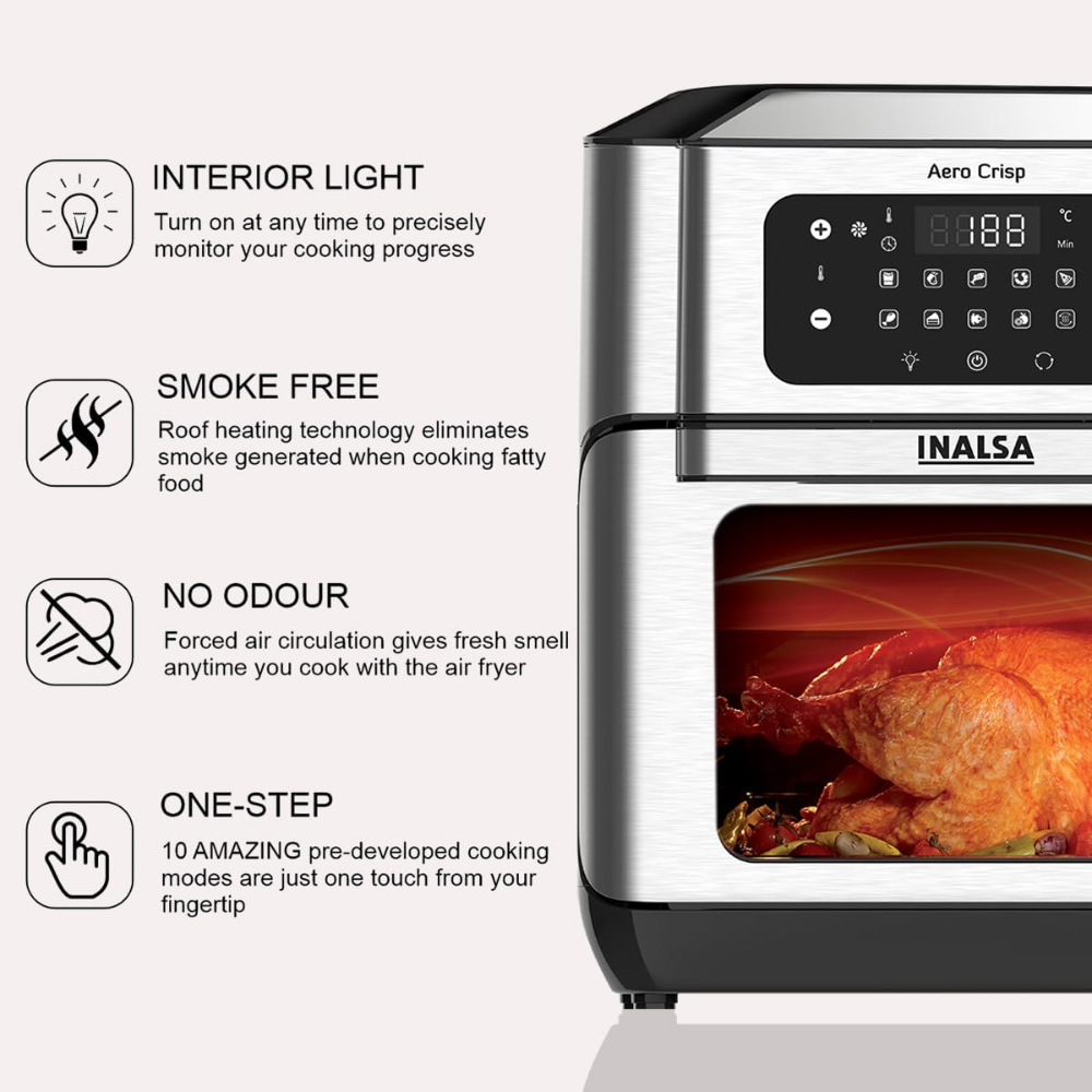 Inalsa Aero Crisp, 1500 Watts 12 Litres Electric Air Fryer, 10 Preset Menu (7-in-1, Black & Silver)