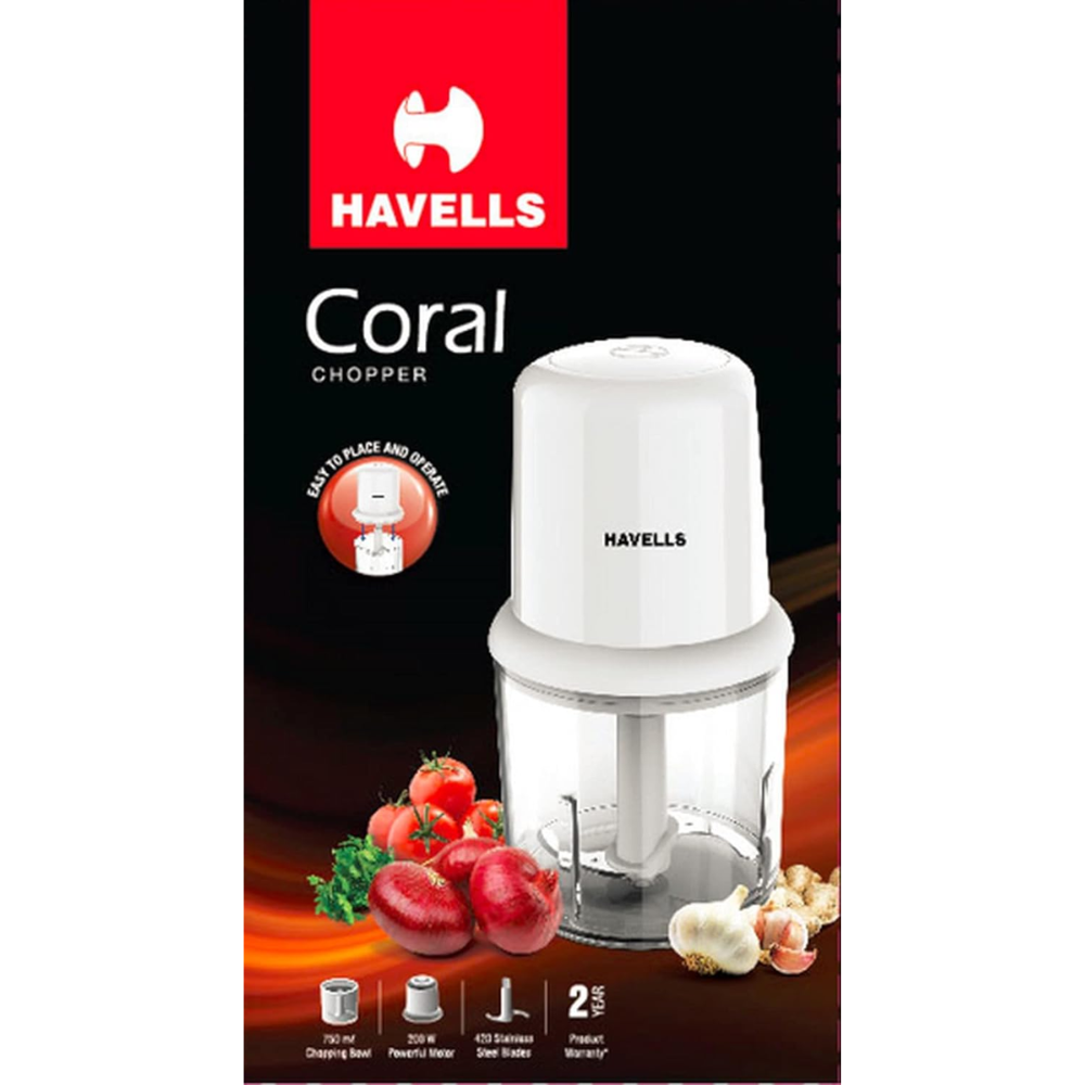Havells Coral, 200 Watts Stainless Steel Blade Electric Chopper with 750ML Choping Bowl (White)
