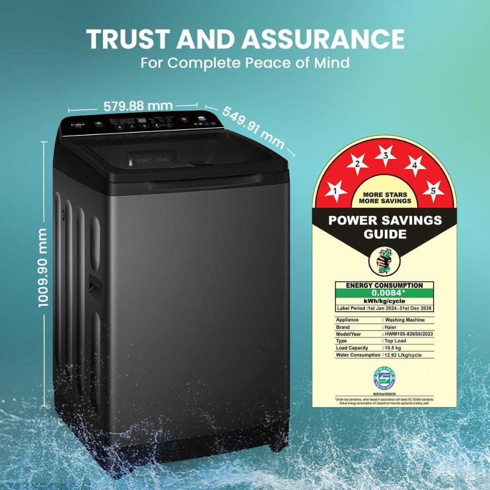 Haier 10.5 Kg 5 Star Fully-Automatic Top Load Washing machine (HWM105-H688BK,Black)