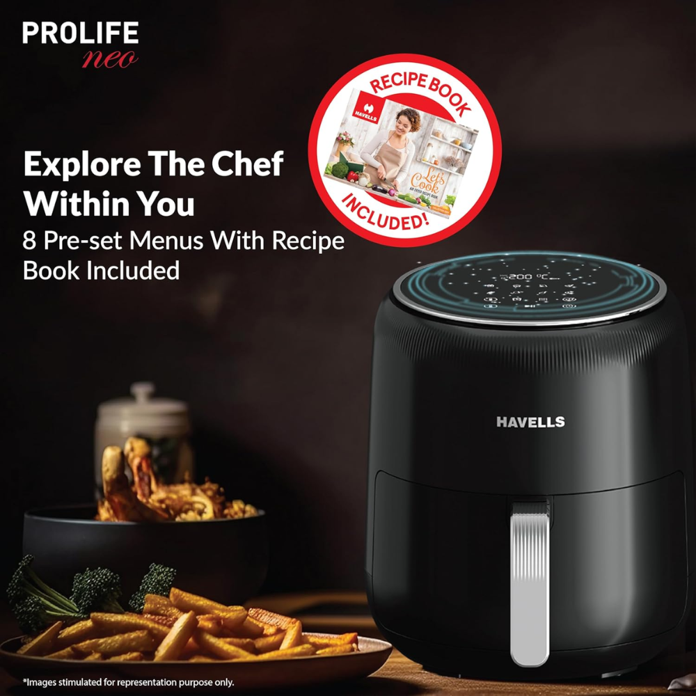 Havells Prolife Neo, 1500 Watts 4.5 Litres Digital Touch Air Fryer, 8 Pre Set Menu Auto Shutoff with Cool Touch Handle (Black)