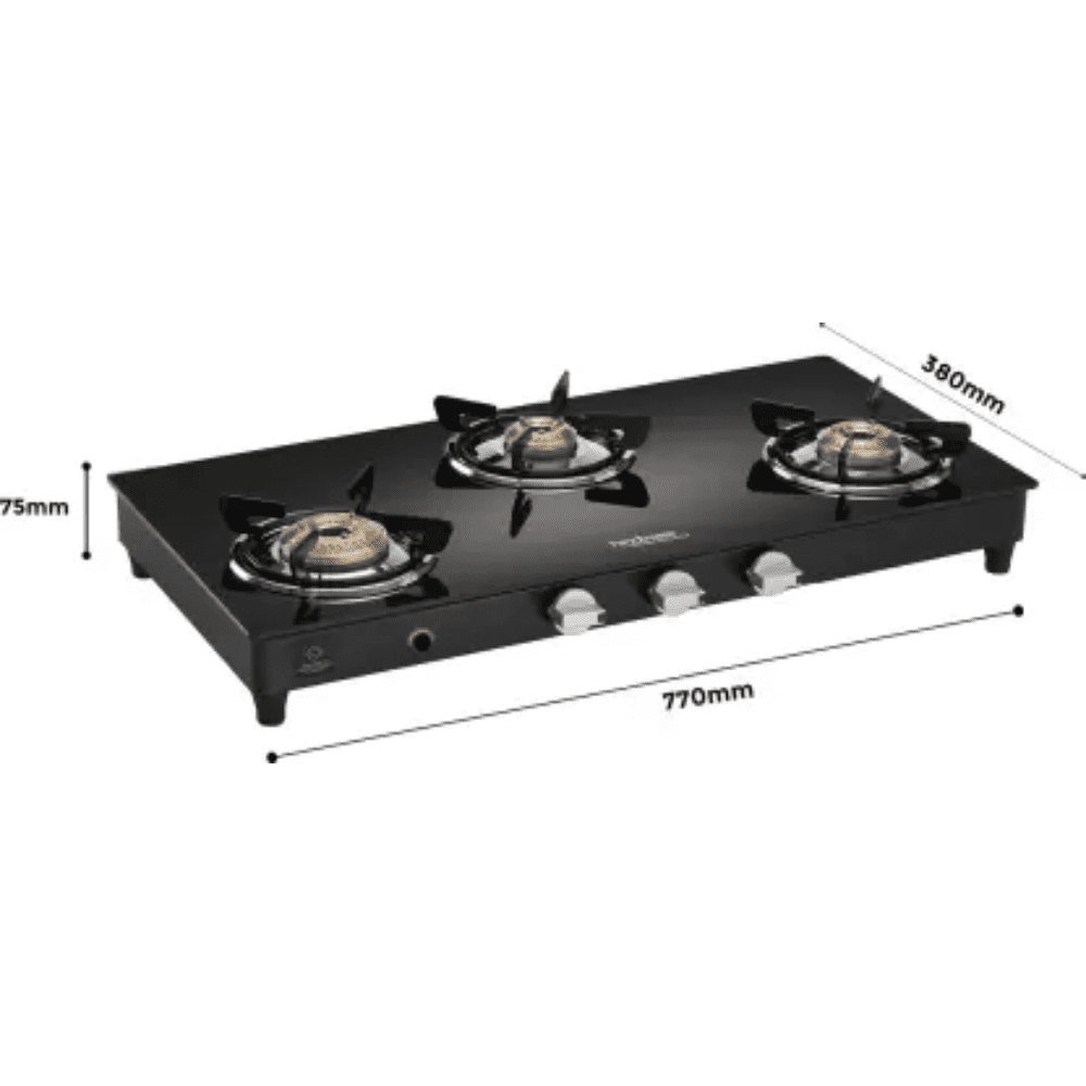 Hindware Cooktop, ARMO GL 3B AI BLK, 3 Burner 77 cm Auto Ignition Glass Top stainless steel Burners 3 Medium Gas Stove (Black)