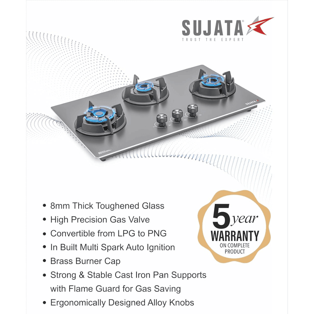Sujata Hob, 4 Burner 78 cm Auto Ignition Stainless Steel Burner 1 Larg + 1 Medium + 1 small (Indium 3B78, Black)