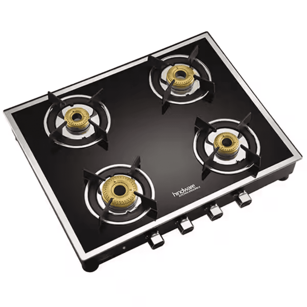 Hindware Cooktop, VEGO 4B BLK, 4 Burner Glass Top Forged Brass Burner 1 Big + 1 Medium + 2 small Gas Stove (Black)
