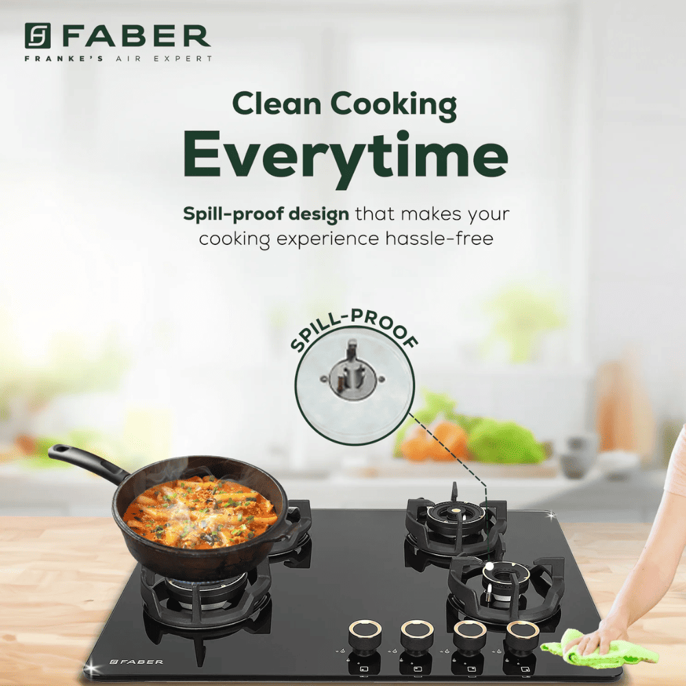 Faber Hob EXPERIA HT704 ALU AI, 4 burner 70 cm Auto Ignition Glass Stainless Steel Design Brass Burners 2 Medium + 1 Small + 1 High (Black)