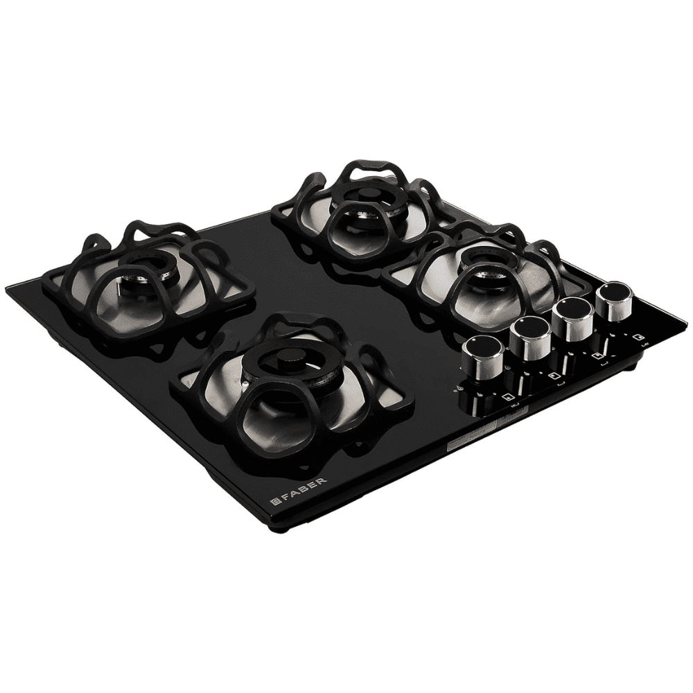 Faber Hob IMPERIA PLUS 604 BRB CI BK, 4 Burner 60 cm Auto Electric Ignition Glass Top Mild Steel Burners 2 Small and 2 Medium Gas Stove (Black)