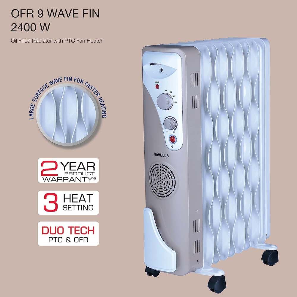 Havells 9 Wave Fins, 2400 Watts Oil Filled Radiators Room Heater with PTC Fan (OFR9F, Beige)