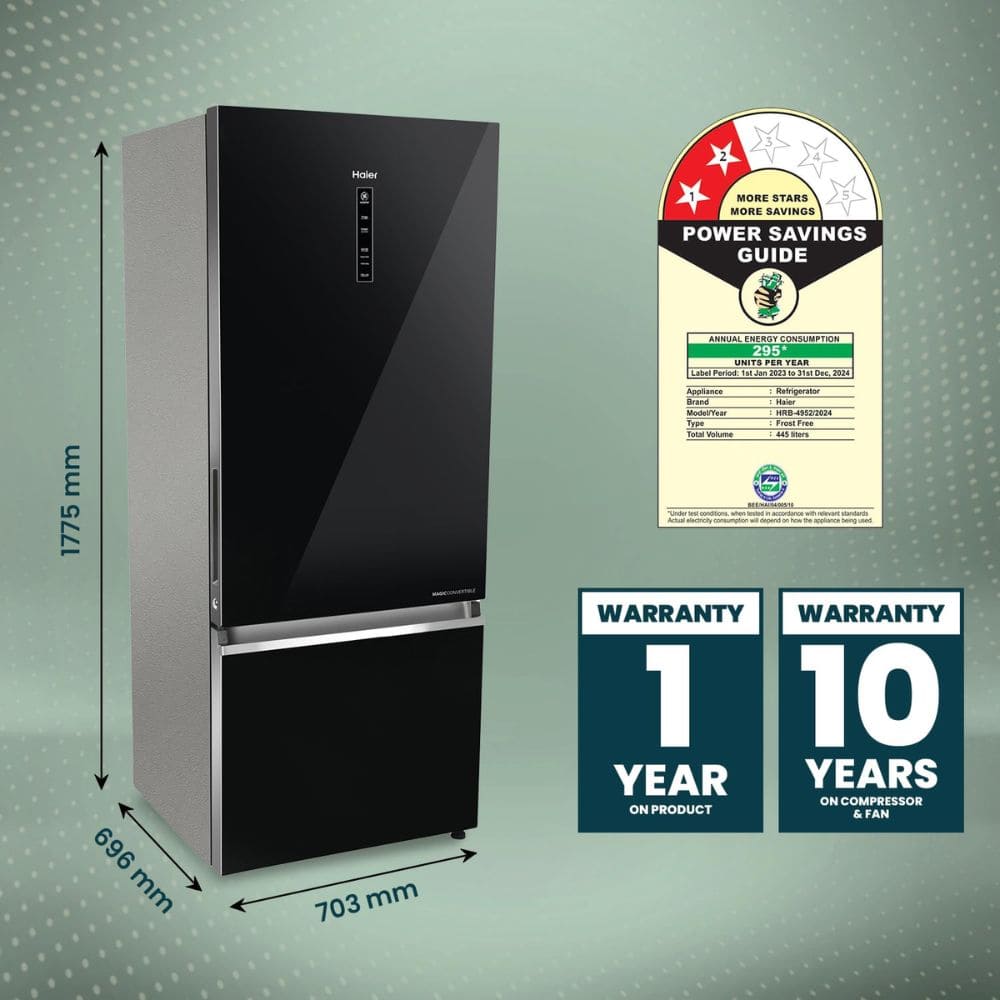 Haier 445 Ltrs 3 Star, Inverter Frost Free, Double Door Refrigerator (HRB-4952CKG-P)