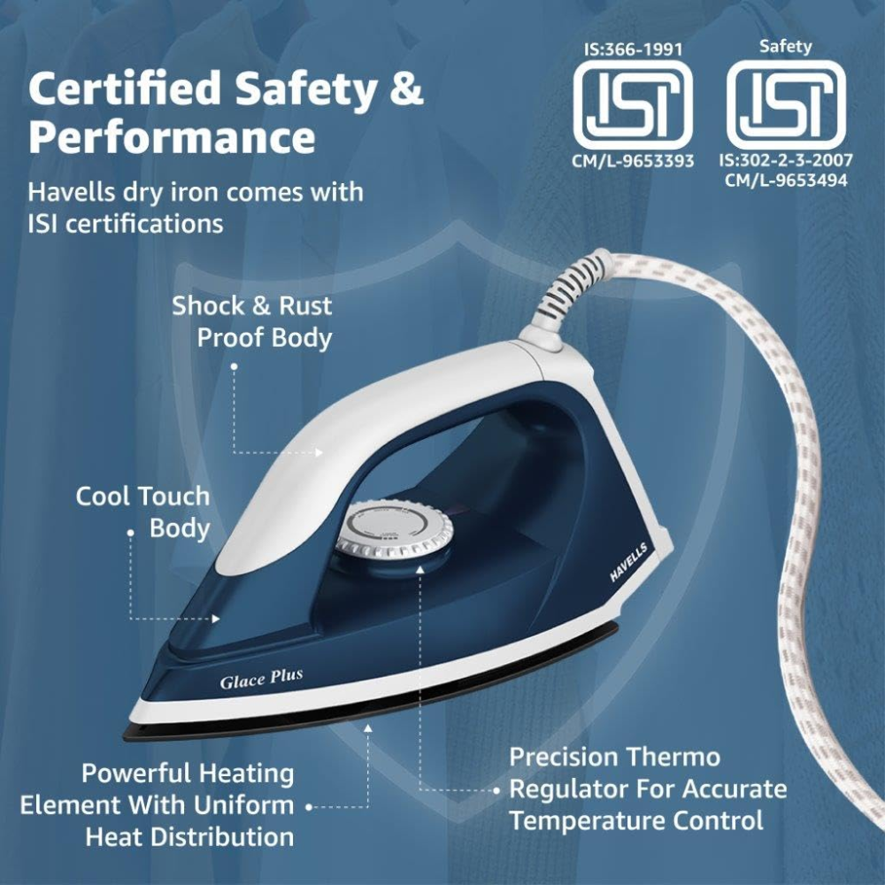 Havells Glace Plus, 1000 Watts Non Sick Coated Sole Plate Dry Iron Press (Blue)