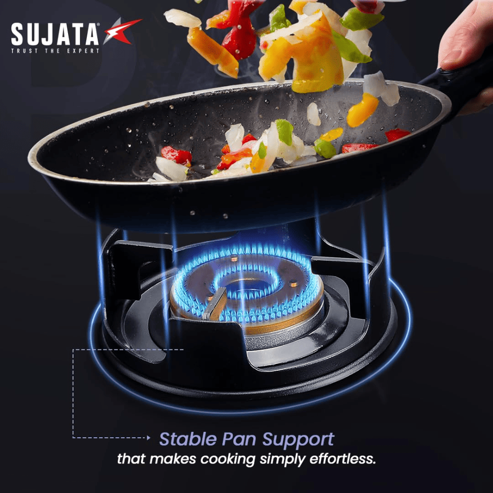 Sujata Cooktop Deluxe, 2 Burner Glass Top Brass Burner Gas Stove (Black)