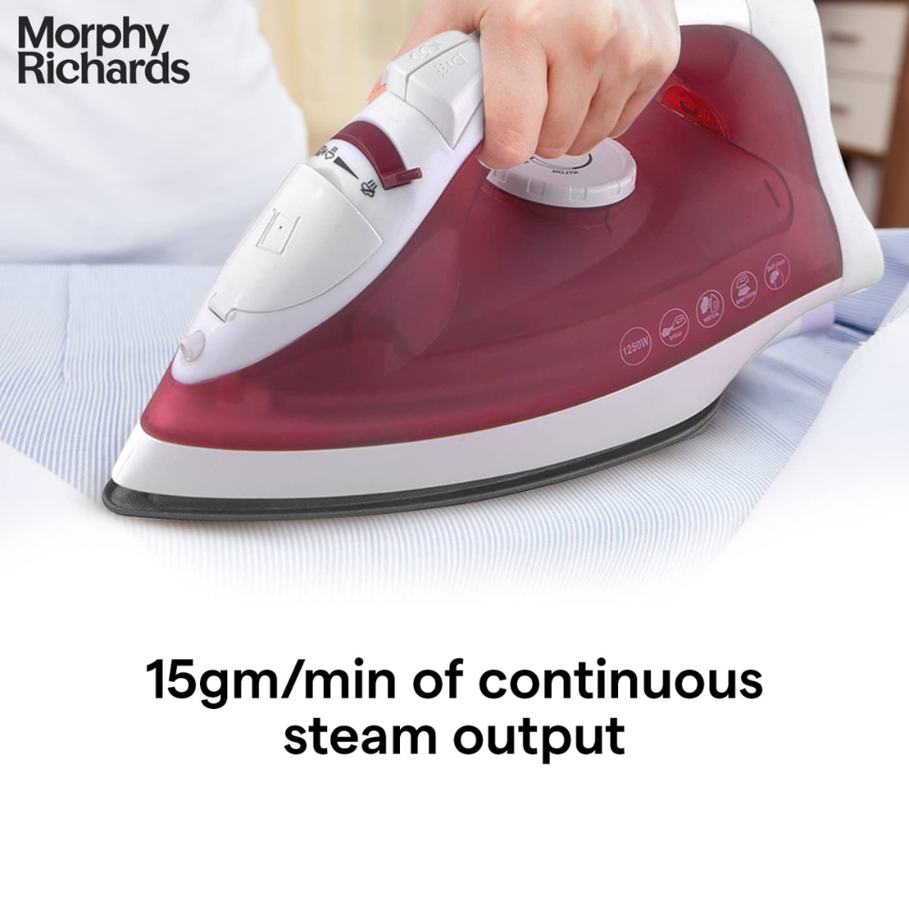Morphy Richards Plastic Glide, 1250 Watts Steam Iron with Steam Burst, Non-Stick Coated Soleplate (White & Red)