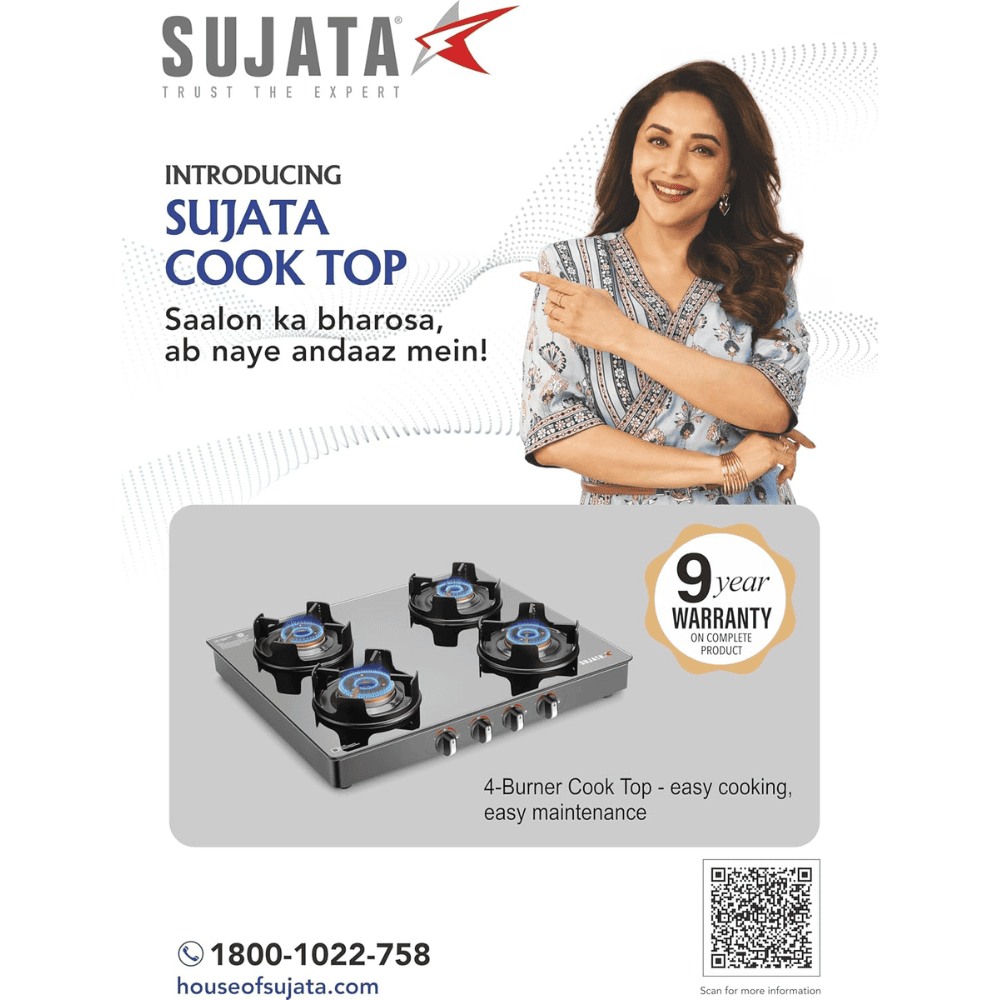 Sujata Cooktop Deluxe, 4 Burner Glass Top Brass Burner Gas Stove (Black)