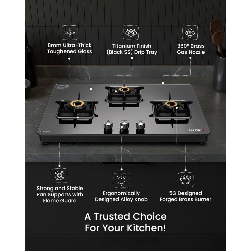 Sujata Cooktop Premium AI, 3 Burner Glass Top Auto Ignition Forged Brass Burner Gas Stove (Black)