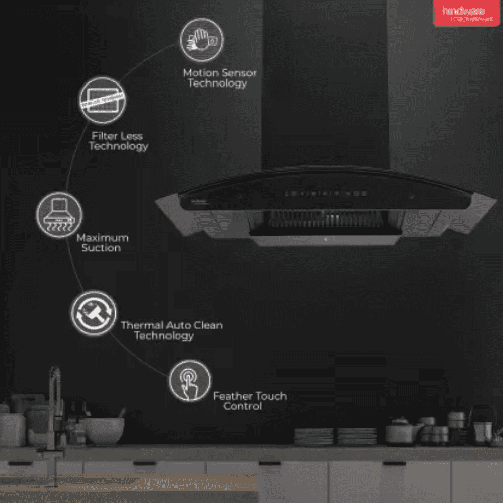 Hindware ALDINA, 90 Cm 1200 m3/hr Auto Clean Wall Mounted Chimney, Hoods Series with Filterless Technology (Black)