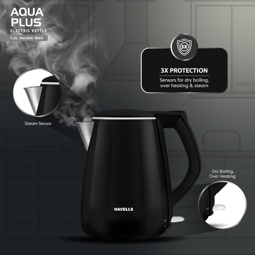 Havells GHBKTATK125, 1250 Watts 1.2 Litres AQUA BLACK+ Electric Aqua Plus Kettle, Double Layered Cool Touch Outer Body (Black)