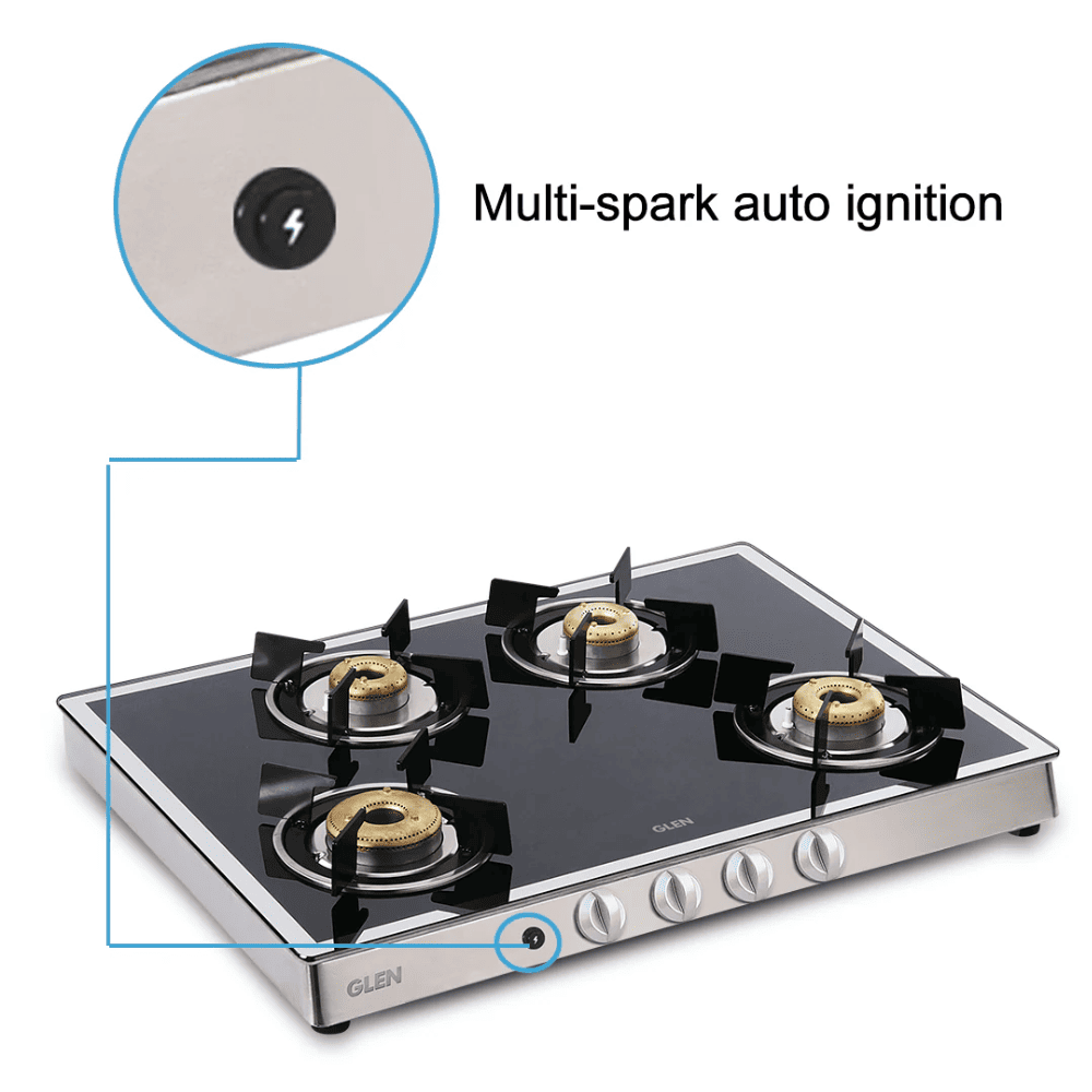 Glen Cooktop, 1048 GT AI FORGED BB MIRROR, 4 Burner Auto Ignition Glass Top Forged Brass Burner 1 Big + 1 Medium + 2 small Gas Stove (Black)