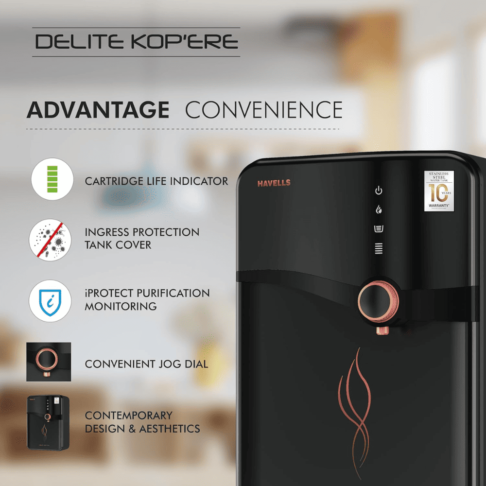 Havells Delite Kop'ere, 6.5 Ltrs Storage, RO+UV+pH Balance Wall Maountable Water Purifier, Black