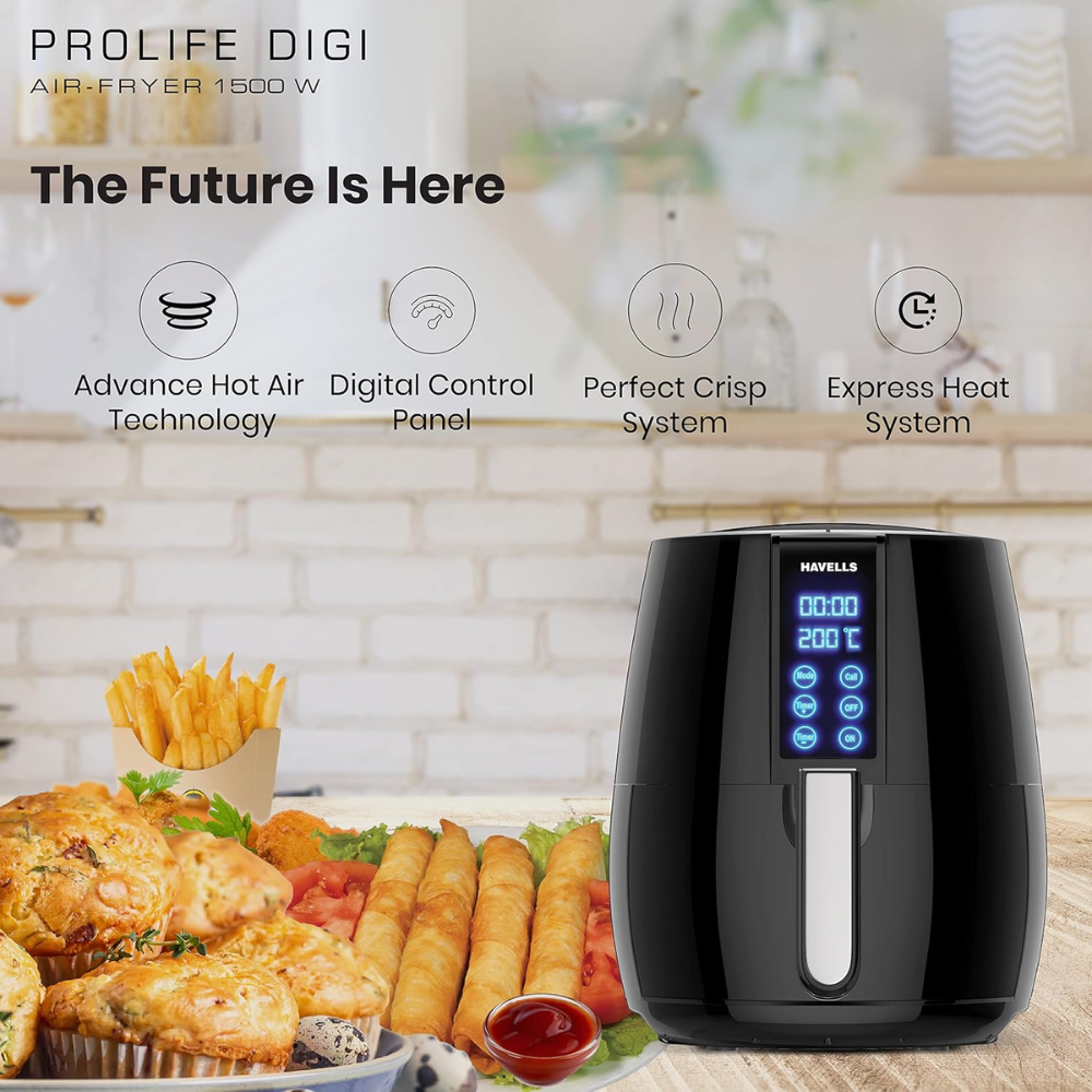 Havells Prolife Digi, 1230 Watts 4 Litres Digital Touch Panel Air Fryer, Black