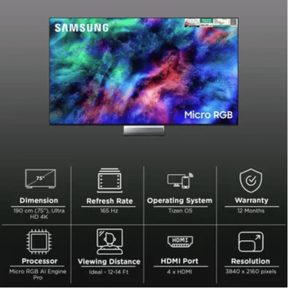 Samsung MRA85R95HXUXXL, 85 Inches 4K Micro RGB Vision AI Smart TV, Black