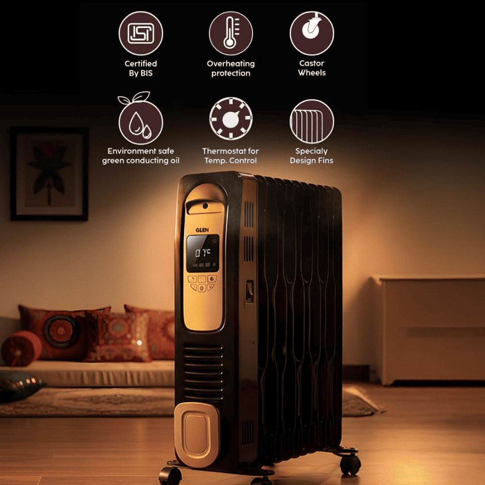 Glen 9 Straight Fins 2400 Watts Electric Oil Filled Digital Room Heater with PTC Fan (Black)
