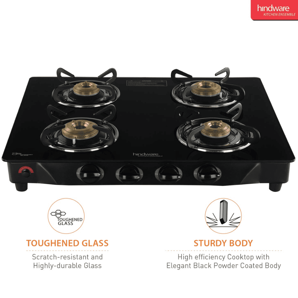 Hindware Cooktop, ARMO 4B GL BLK, 4 Burner Glass Top Brass Burner 2 Medium + 2 small Gas Stove (Black)