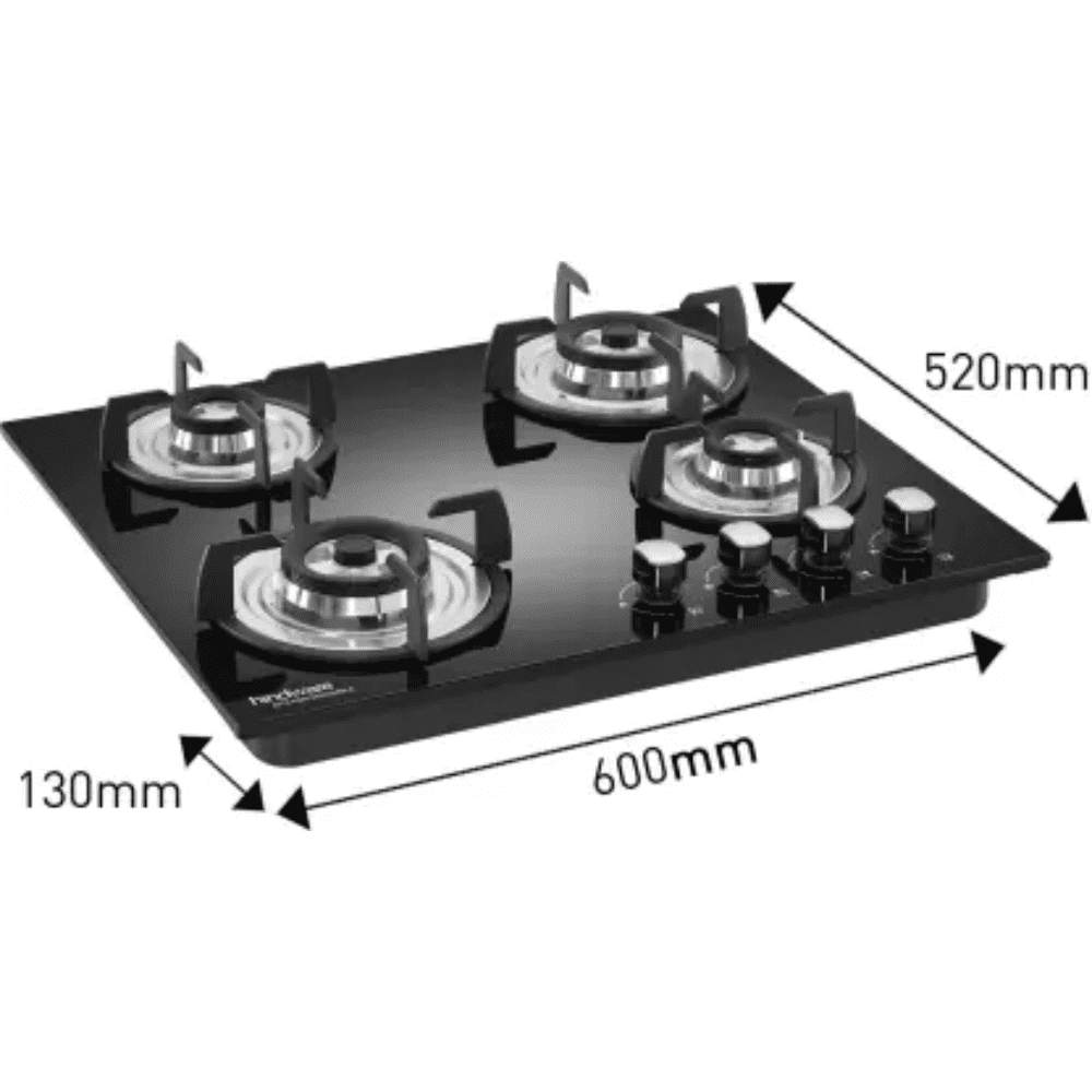 Hindware Hob, SARA+ 4B 60 CM, 4 Burner 60 cm Automatic Electric Glass Top Steel Burners 2 Medium + 1 small +1 High Flame Gas Stove (Black)