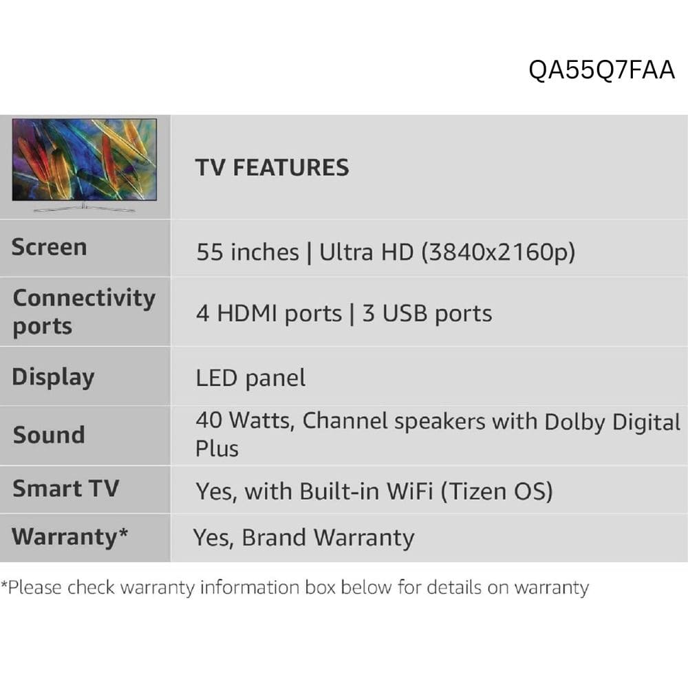 Samsung QA55Q7FAA, 55 Inches 4K Ultra HD QLED TV, Black