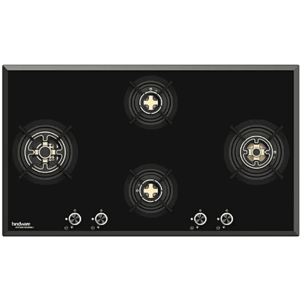 Hindware Hob, VALERIA 4B 90, 4 burner 90 cm Auto Ignition Glass Top Full Brass Burners 1 Medium + 2 Small + 1 High Gas Stove (Black)