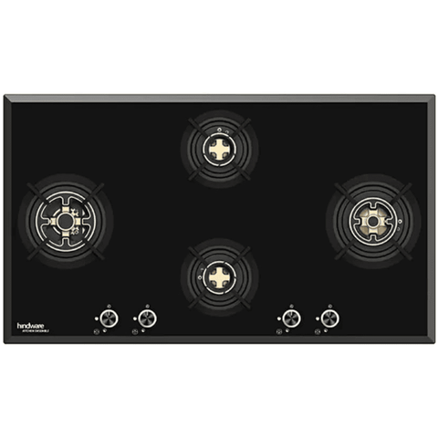 Hindware Hob, VALERIA 4B 90, 4 burner 90 cm Auto Ignition Glass Top Full Brass Burners 1 Medium + 2 Small + 1 High Gas Stove (Black)