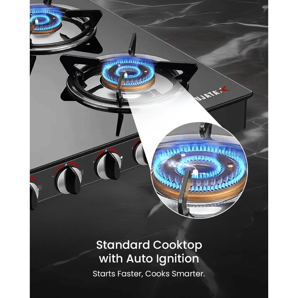 Sujata Cooktop Standard AI, 4 Burner Glass Top Auto Ignition Brass Gas Stove (Black)