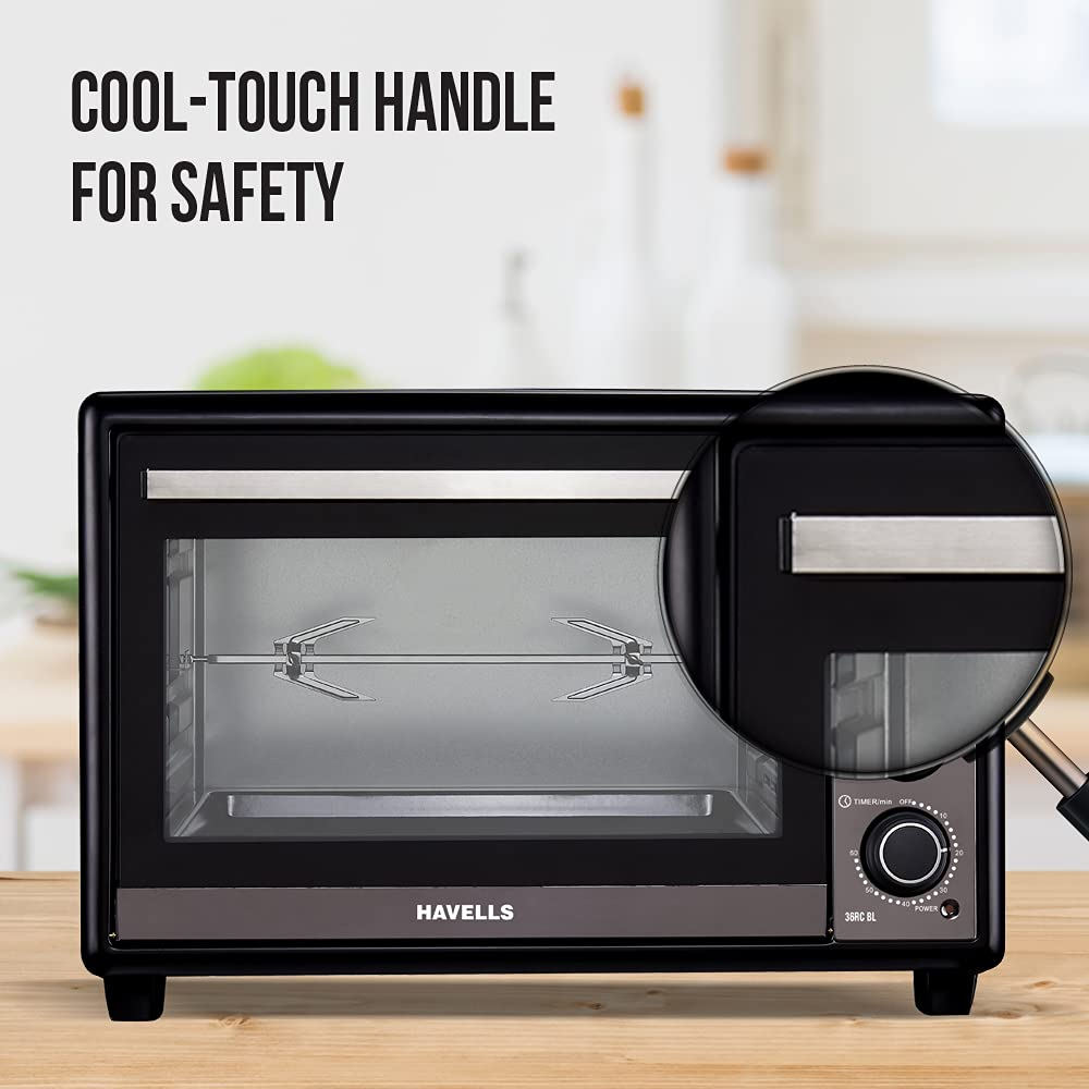 Havells 36RC, 1500 Watts 36 LitresToughened Double Glass Door Oven, 4 Knob with Dual Thermostat (Black)